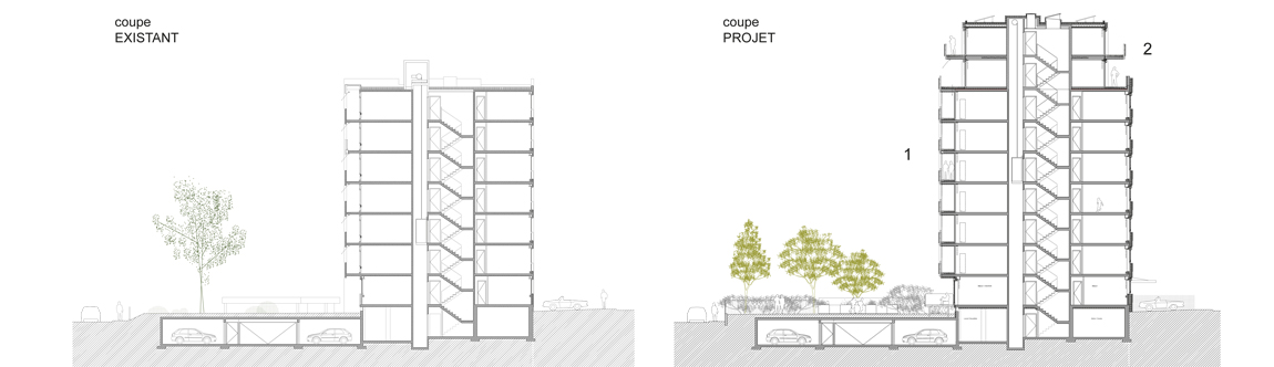 guenin architecte Vernier / GE / CH Rénovation et surélévation d'un immeuble des années 60